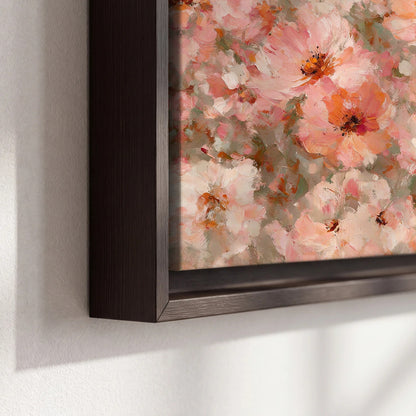 Blush pink flowers painting framed canvas close-up showing the floating frame