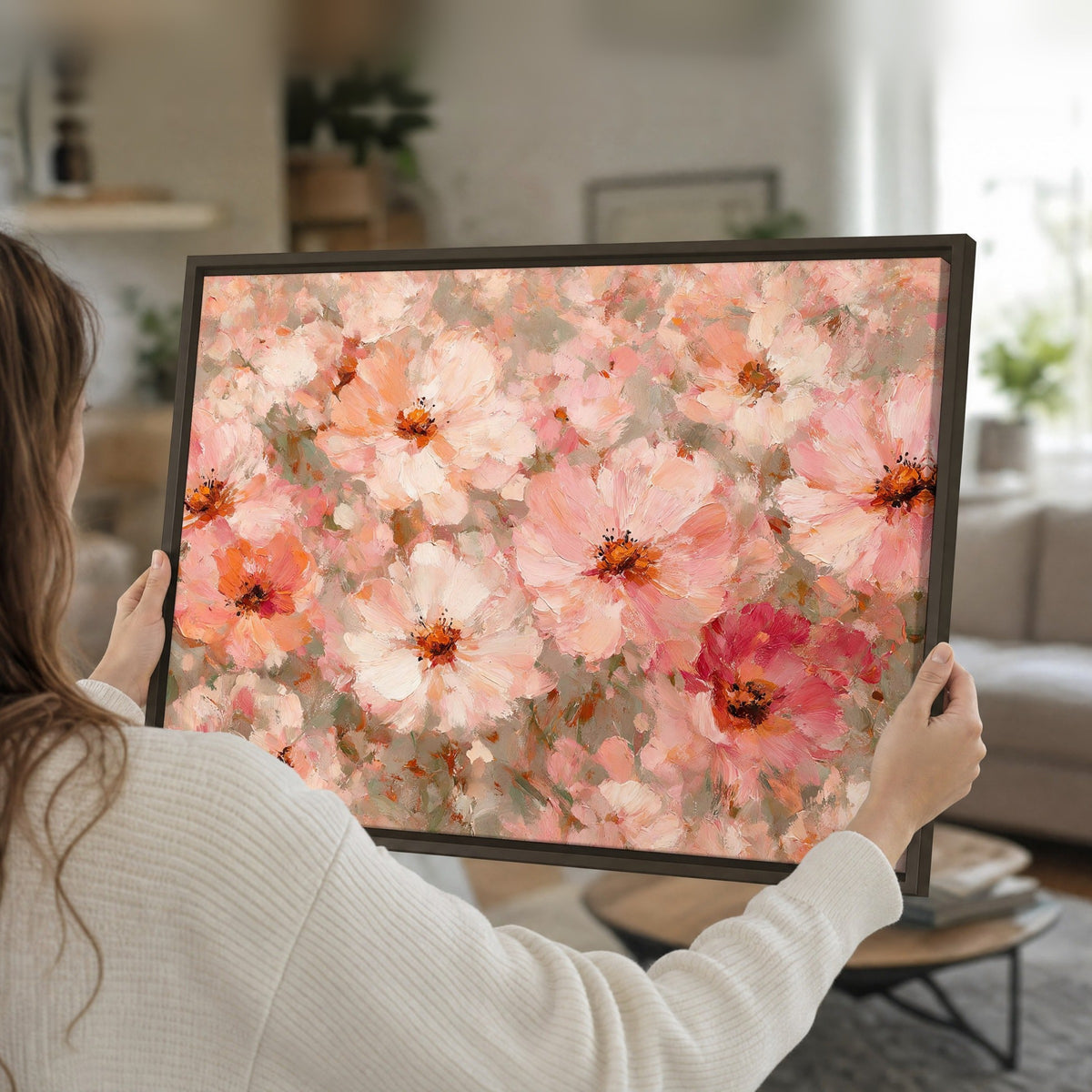 Blush pink flowers painting framed canvas held in hands