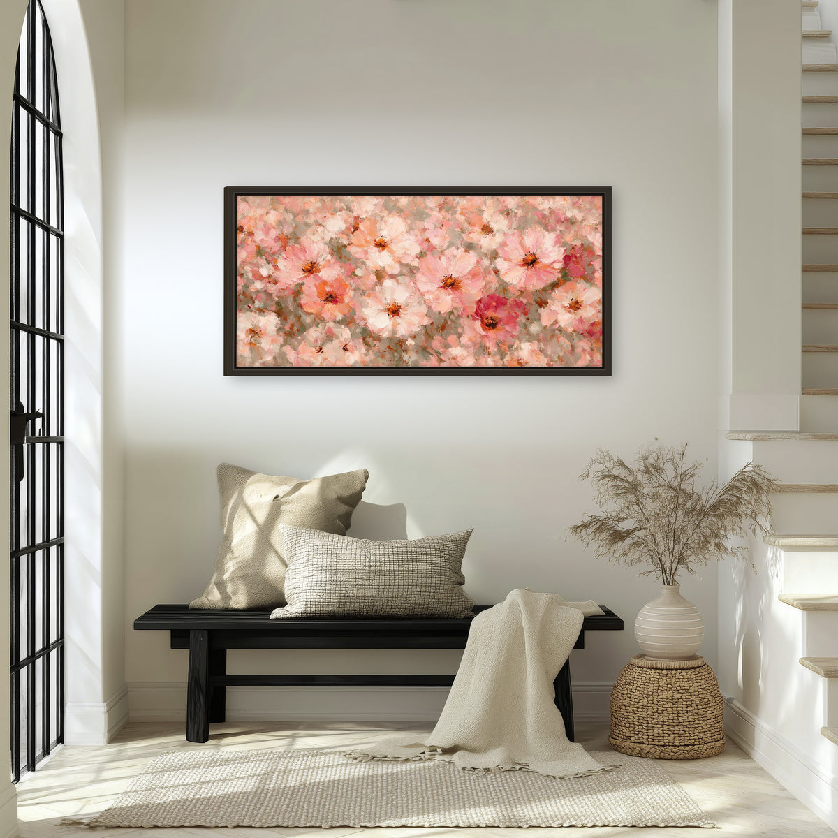 Blush pink flowers painting framed canvas wall art in an entryway above a bench