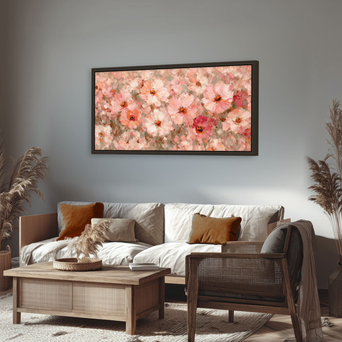 Blush pink flowers painting framed canvas wall art in a rustic living room
