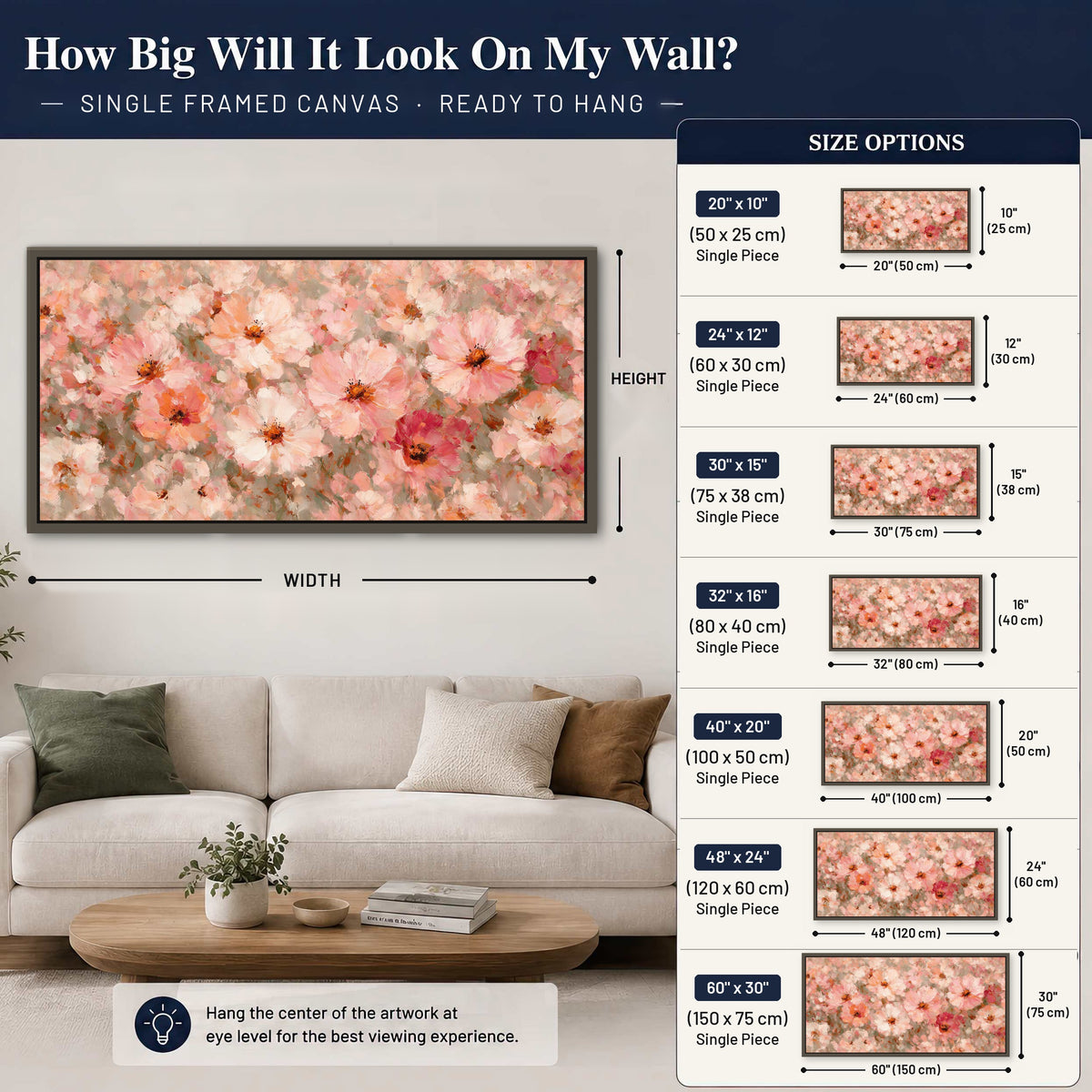 Blush pink flowers painting framed canvas wall art size guide above a sofa
