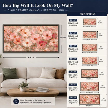 Blush pink flowers painting framed canvas wall art size guide above a sofa