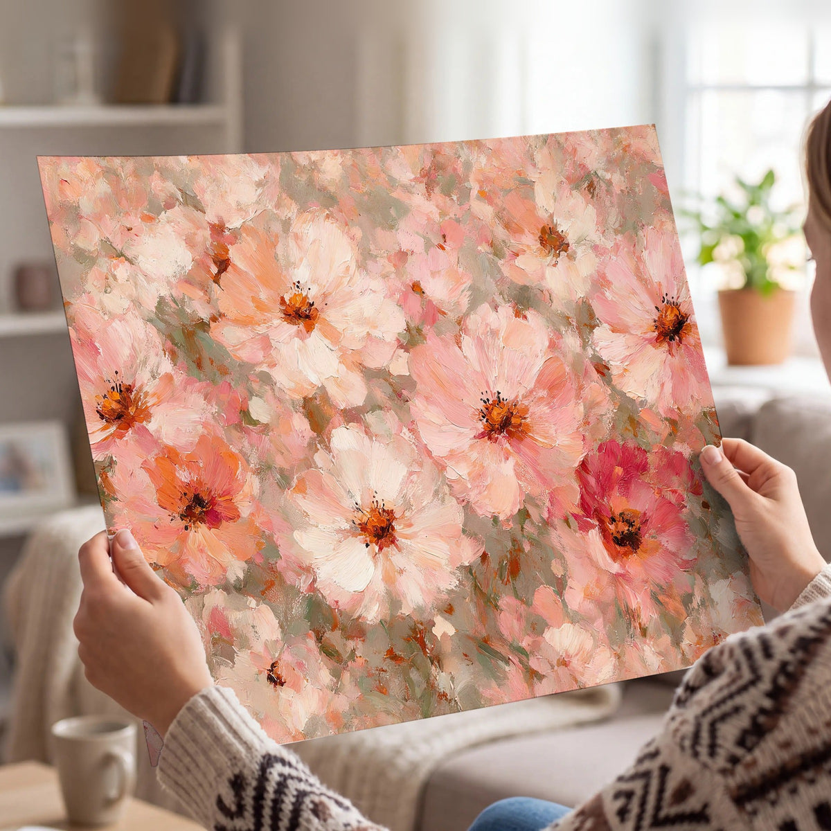 Blush pink flowers painting poster print held in hands