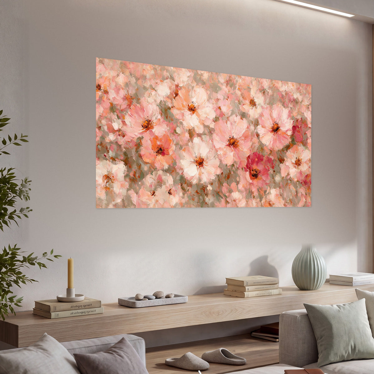 Blush pink flowers painting poster print in a living room above a console