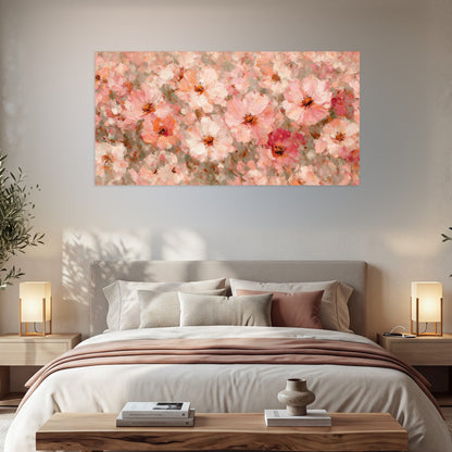 Blush pink flowers painting poster print in a bedroom above the bed
