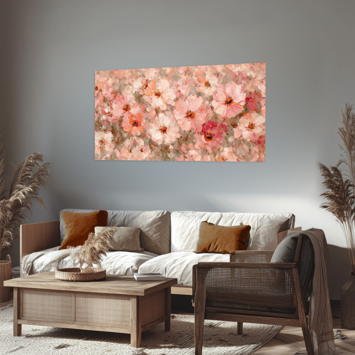 Blush pink flowers painting poster print in a rustic living room