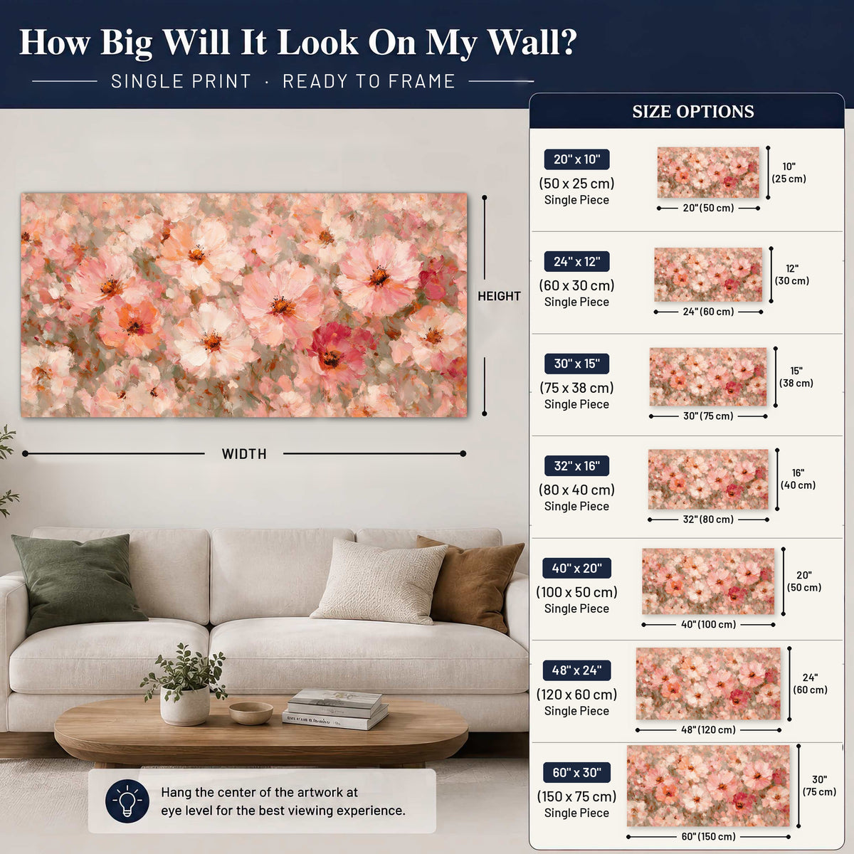 Blush pink flowers painting poster print size guide above a sofa