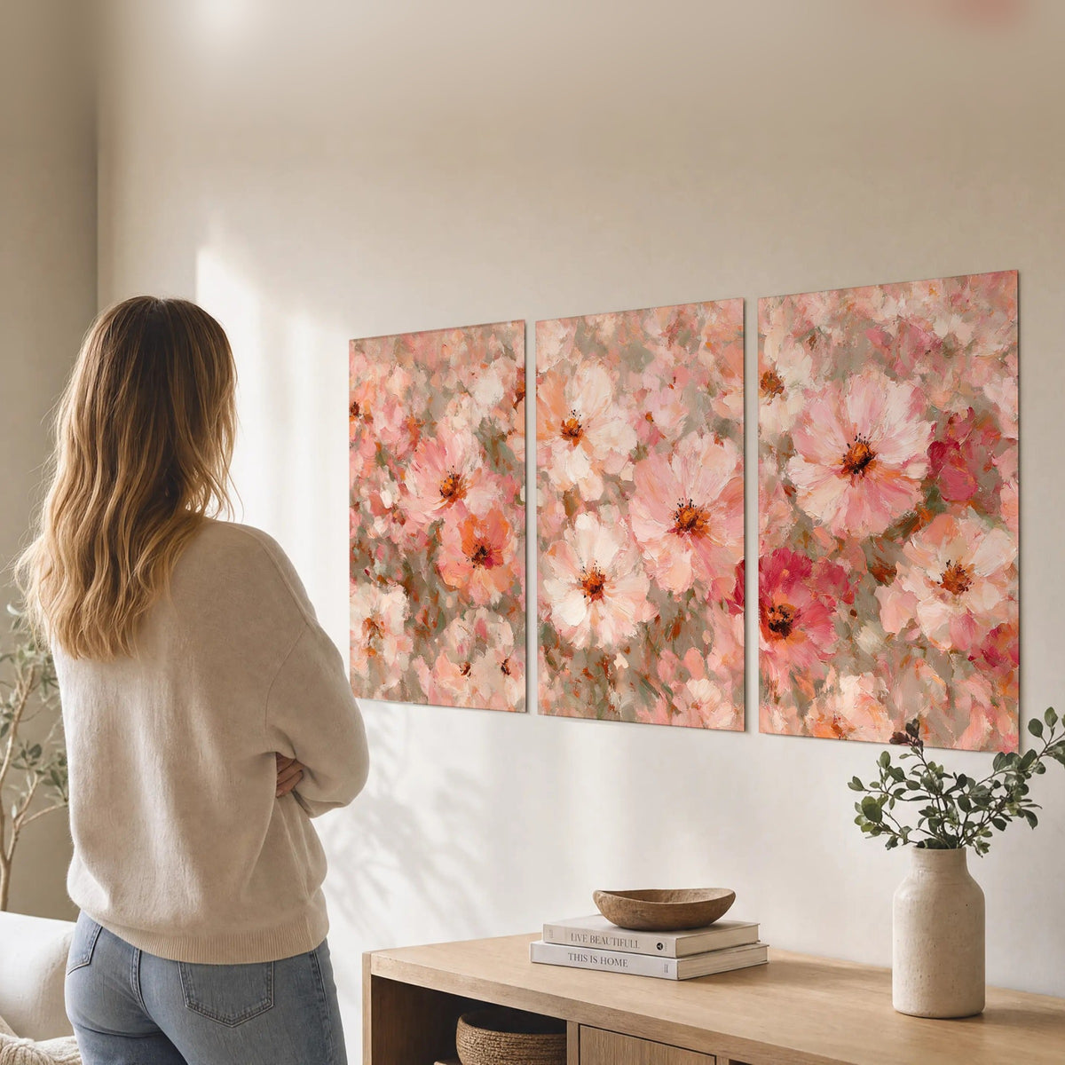 Blush pink flowers painting set of 3 poster prints in a living room