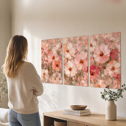Blush pink flowers painting set of 3 poster prints in a living room