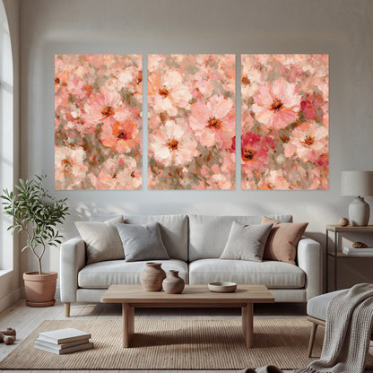 Blush pink flowers painting set of 3 poster prints in a bright living room