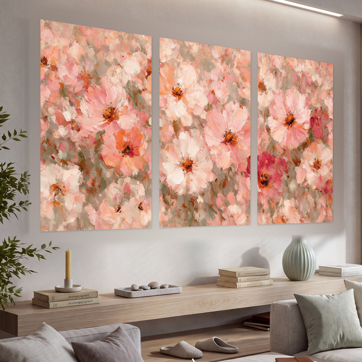 Blush pink flowers painting set of 3 poster prints in a living room above a console