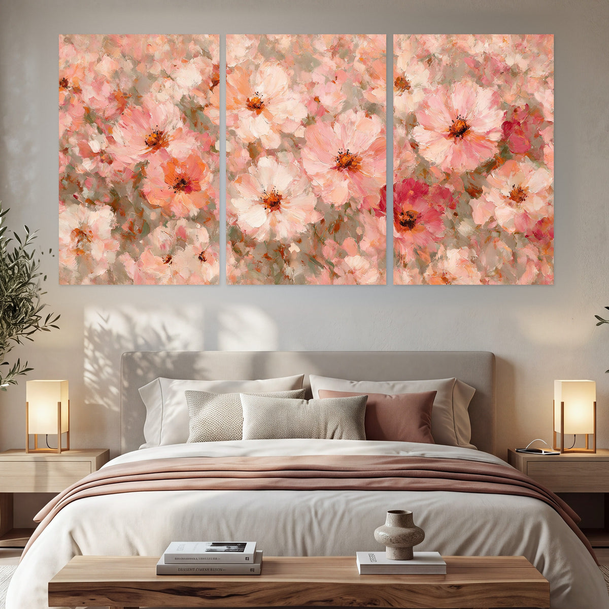 Blush pink flowers painting set of 3 poster prints in a bedroom above the bed