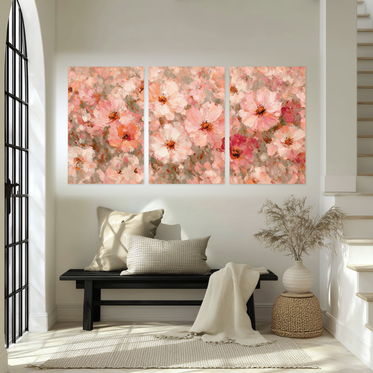 Blush pink flowers painting set of 3 poster prints in an entryway above a bench