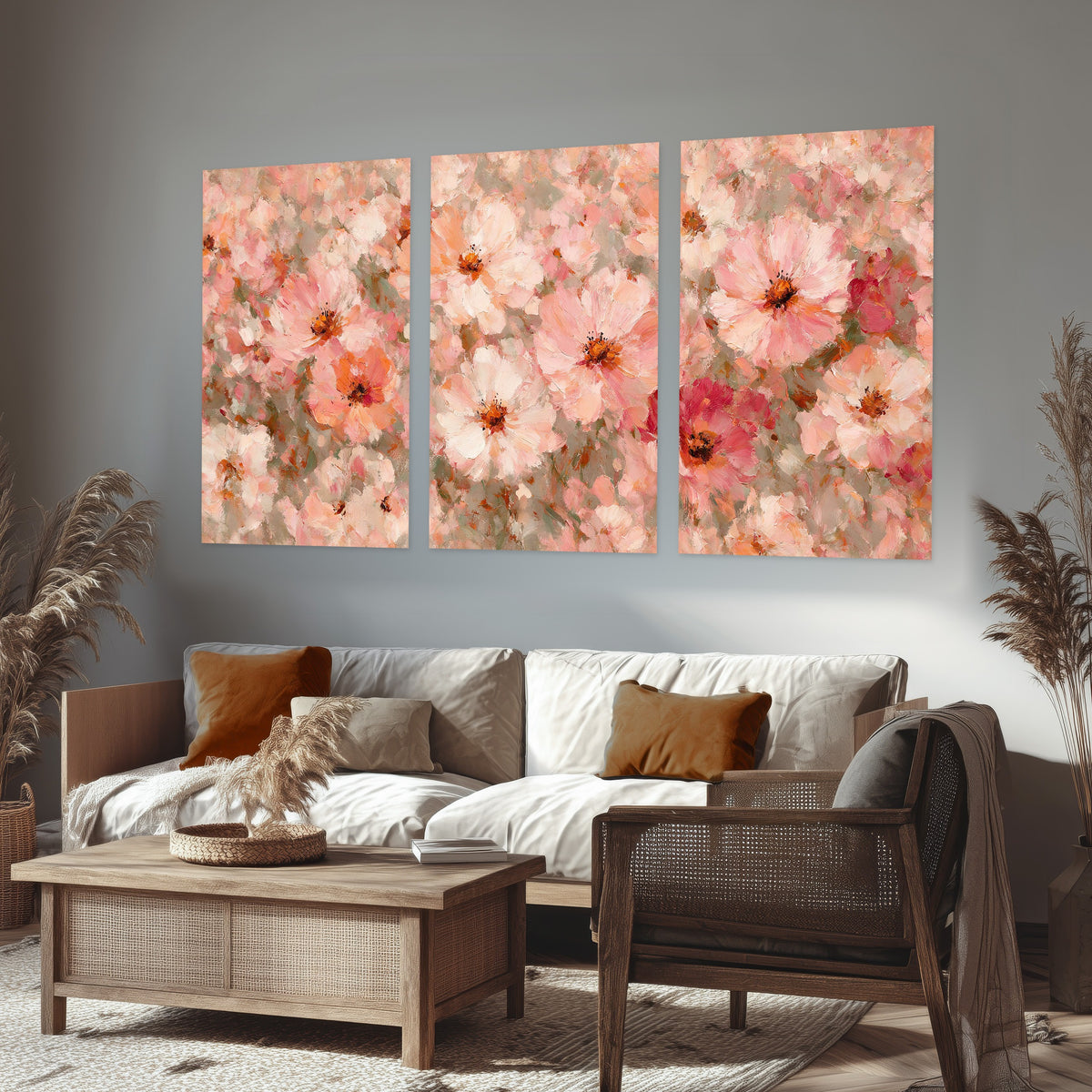 Blush pink flowers painting set of 3 poster prints in a rustic living room