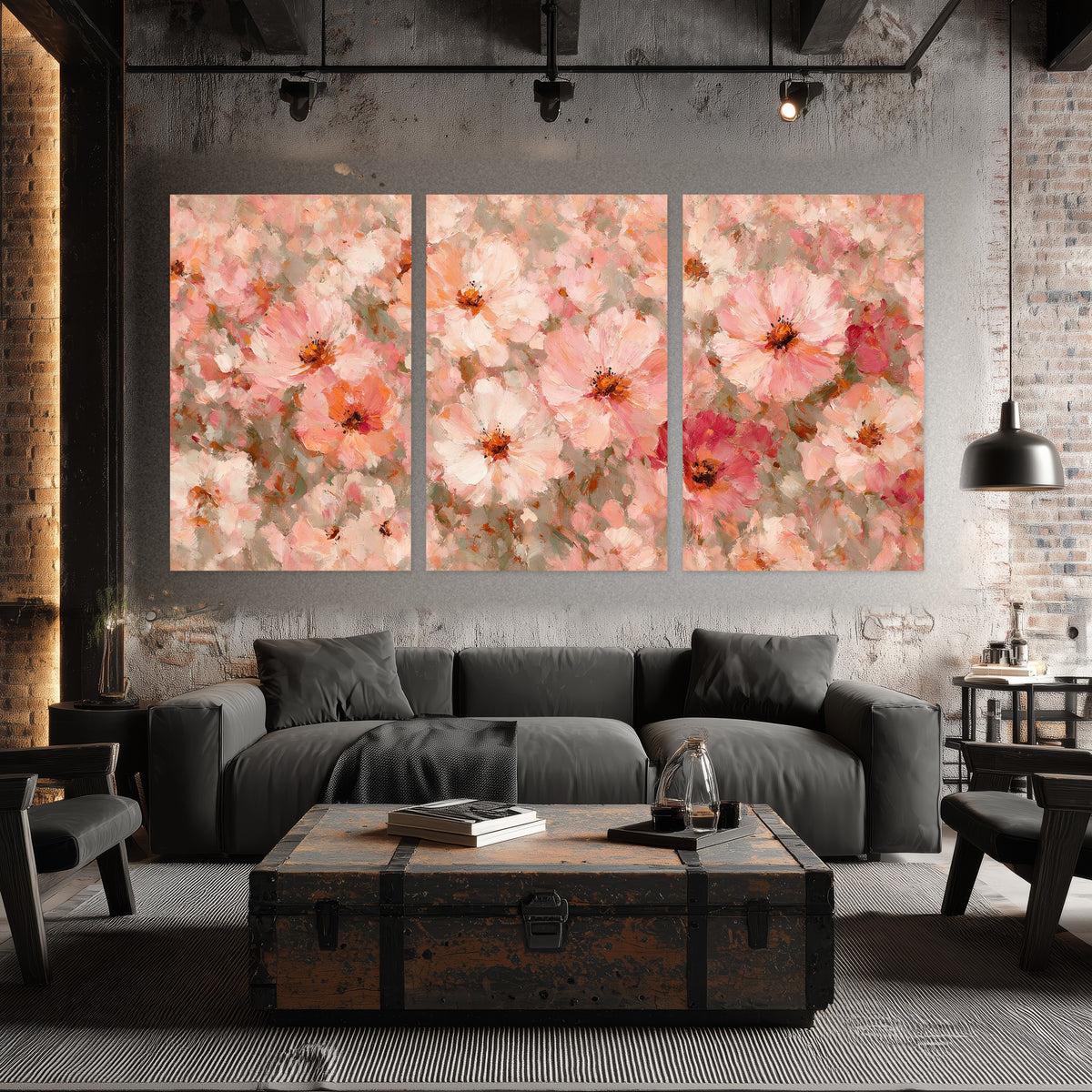 Blush pink flowers painting set of 3 poster prints in an industrial loft