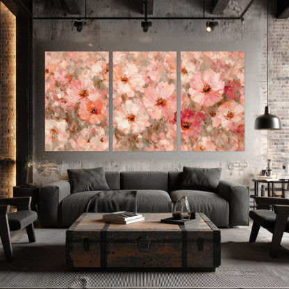 Blush pink flowers painting set of 3 poster prints in an industrial loft