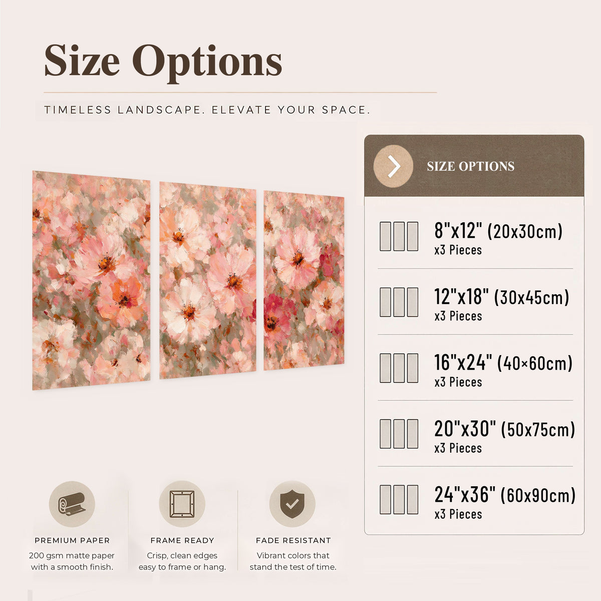 Blush pink flowers painting set of 3 poster prints size options