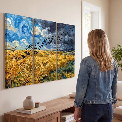 Wheat field with crows painting 3 piece canvas wall art in a living room