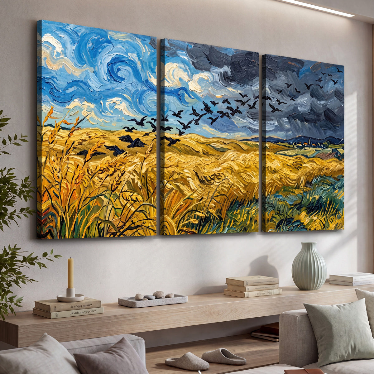 Wheat field with crows painting 3 piece canvas wall art in a living room above a console