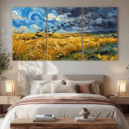 Wheat field with crows painting 3 piece canvas wall art in a bedroom above the bed