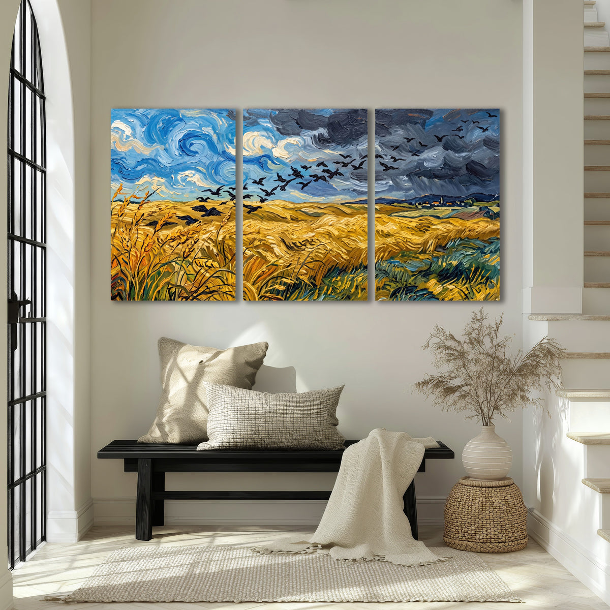 Wheat field with crows painting 3 piece canvas wall art in an entryway above a bench