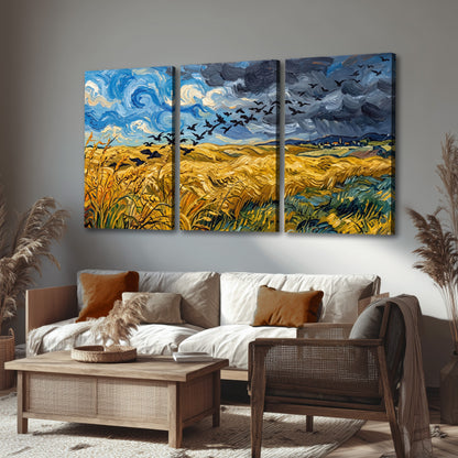 Wheat field with crows painting 3 piece canvas wall art in a rustic living room