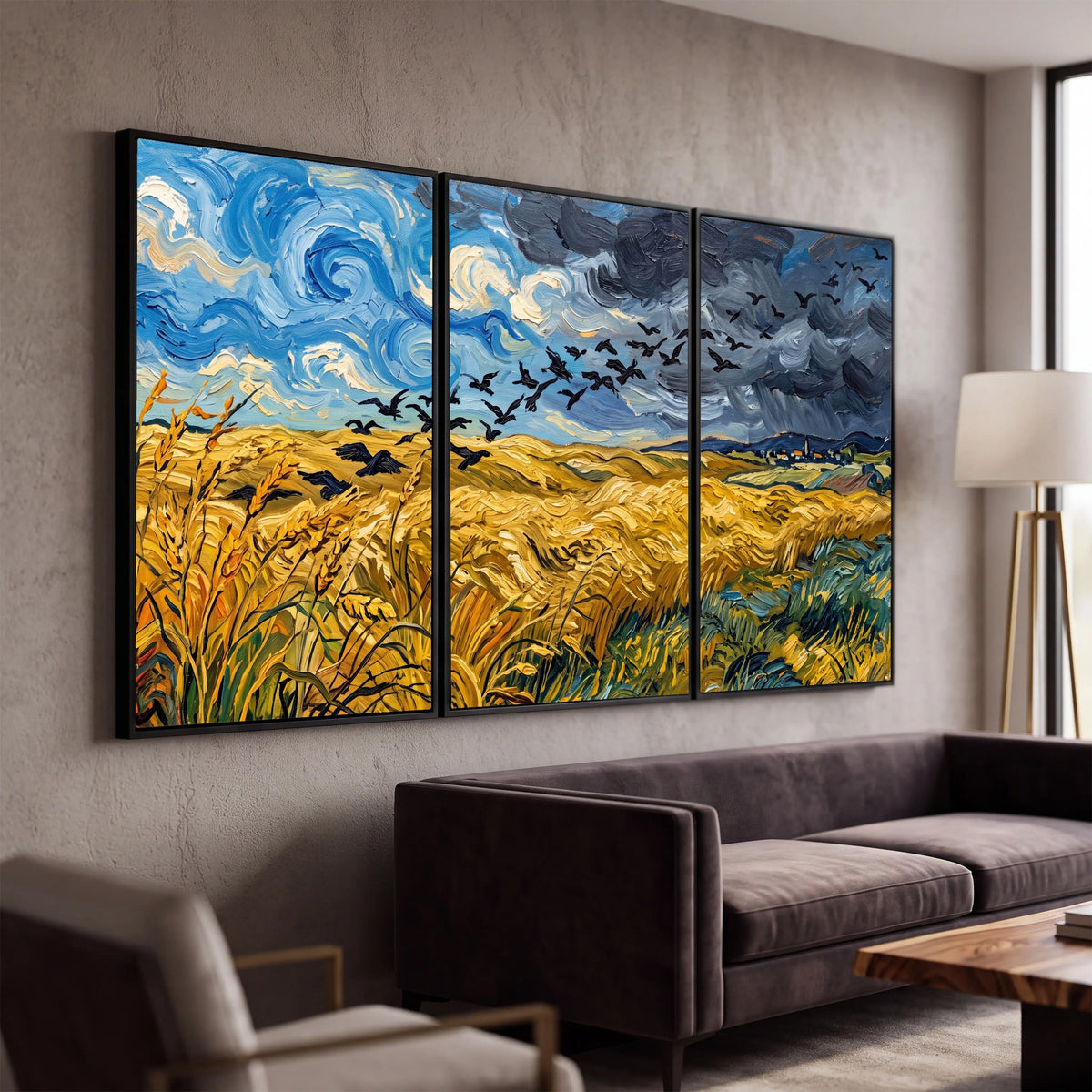 Wheat field with crows painting 3 piece canvas wall art in a modern living room