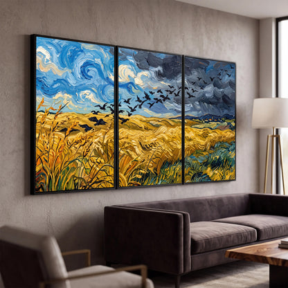 Wheat field with crows painting 3 piece canvas wall art in a modern living room