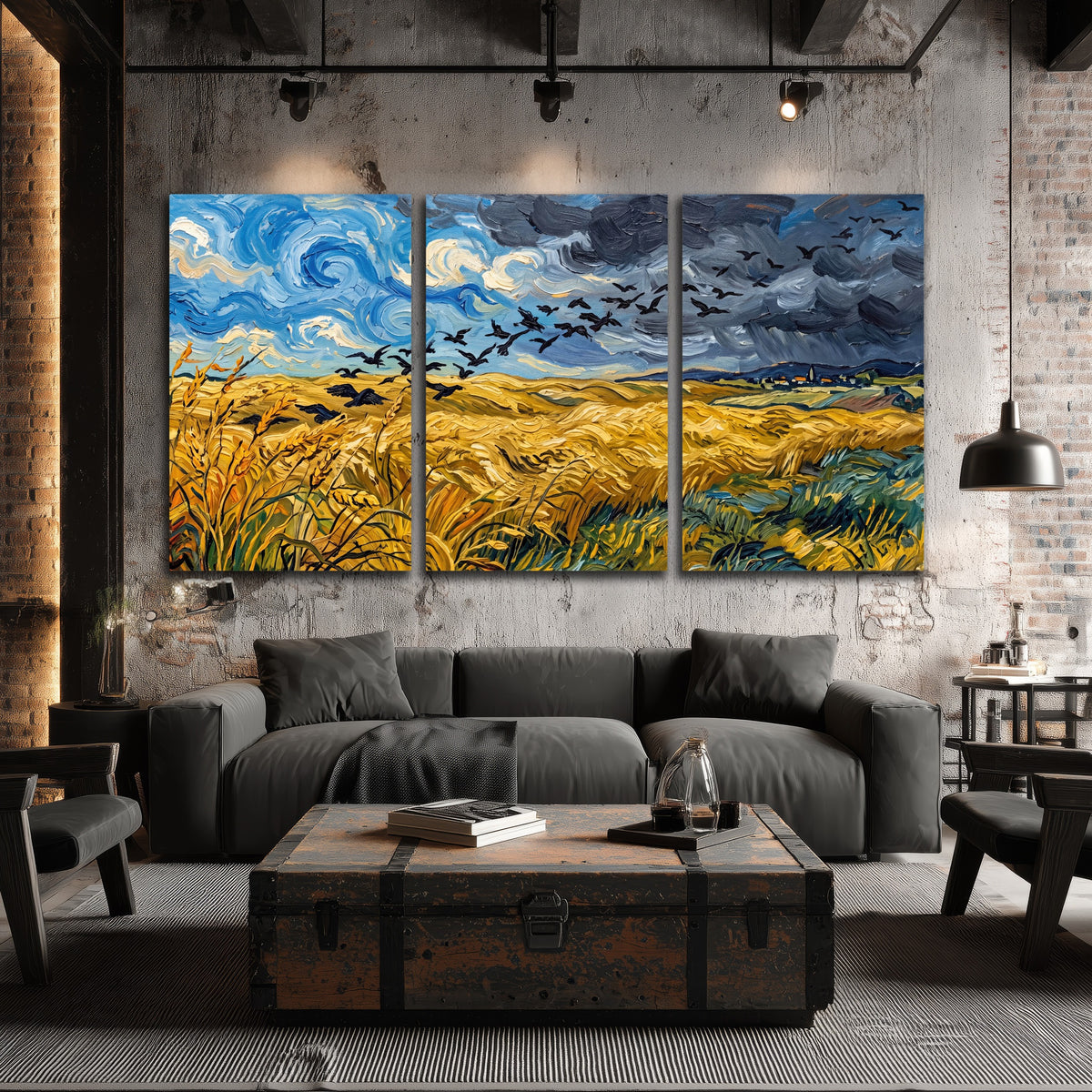 Wheat field with crows painting 3 piece canvas wall art in an industrial loft
