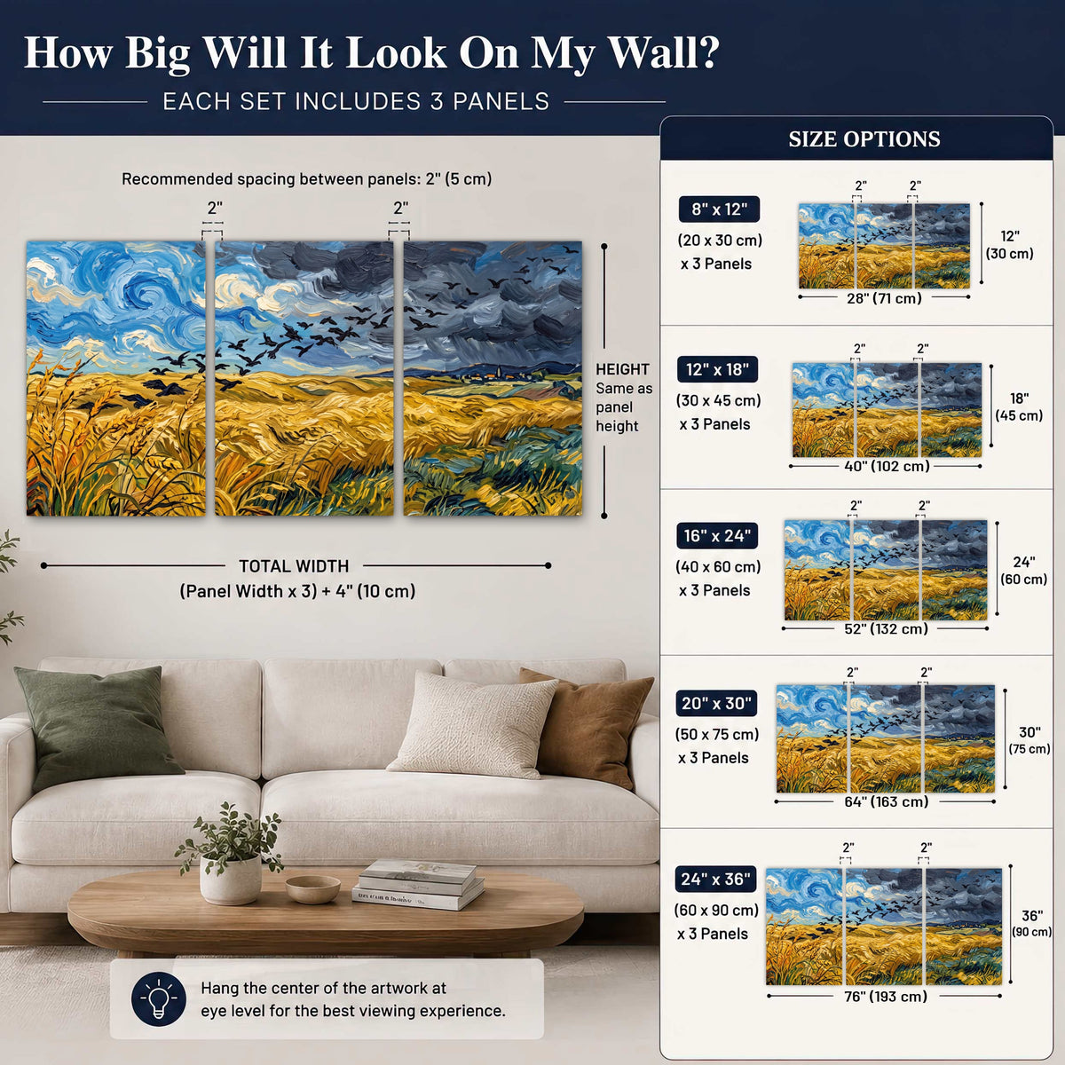 Wheat field with crows painting 3 piece canvas wall art size guide above a sofa