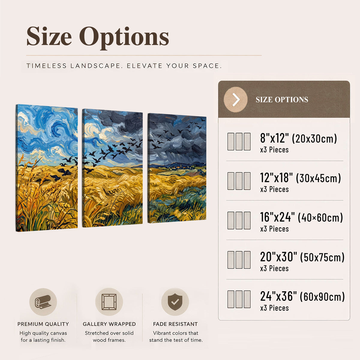 Wheat field with crows painting 3 piece canvas wall art size options