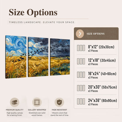 Wheat field with crows painting 3 piece canvas wall art size options
