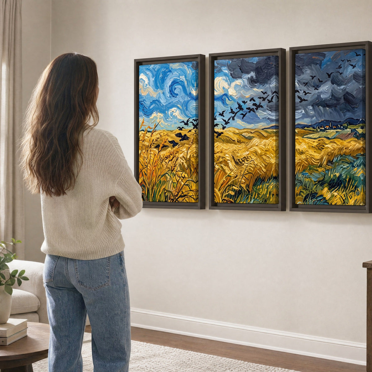 Wheat field with crows painting 3 piece framed canvas in a living room