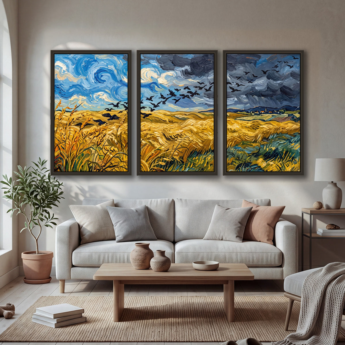 Wheat field with crows painting 3 piece framed canvas in a bright living room