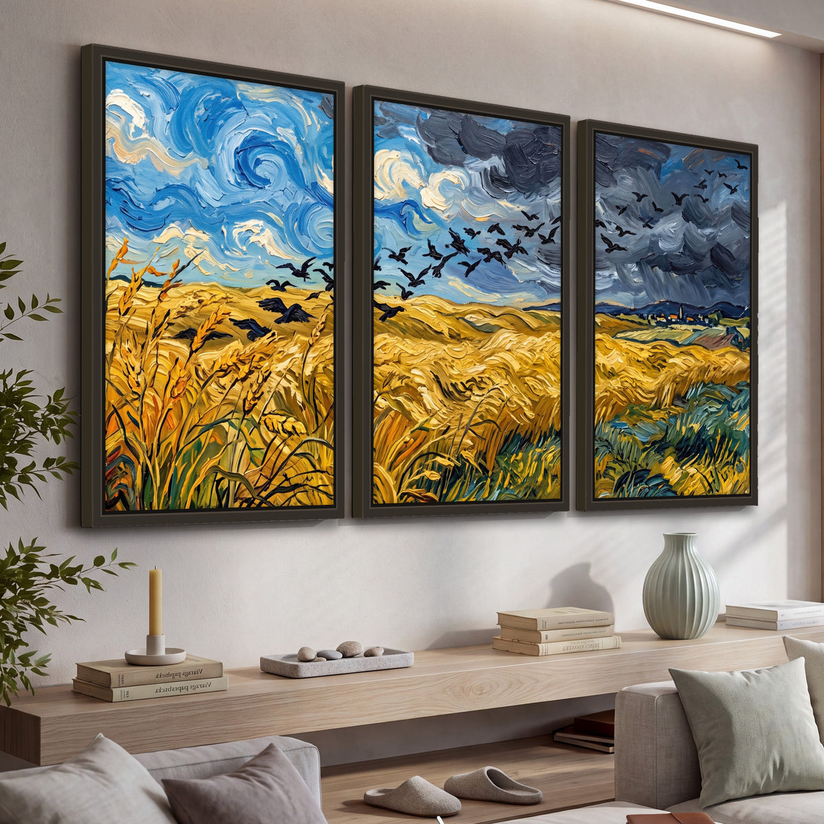 Wheat field with crows painting 3 piece framed canvas in a living room above a console