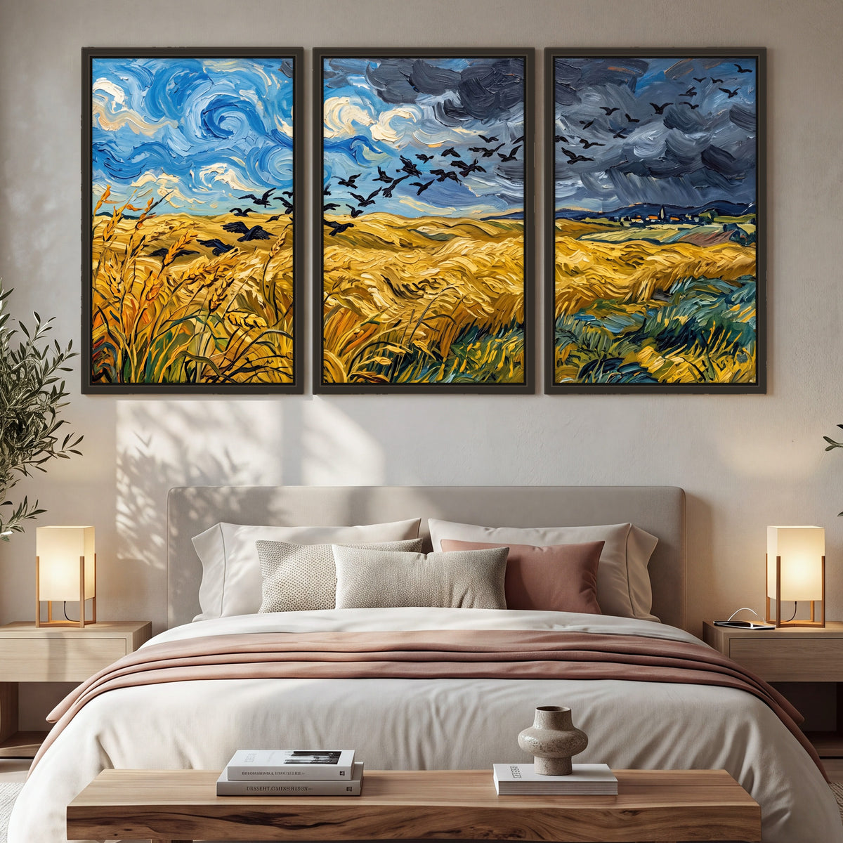 Wheat field with crows painting 3 piece framed canvas in a bedroom above the bed