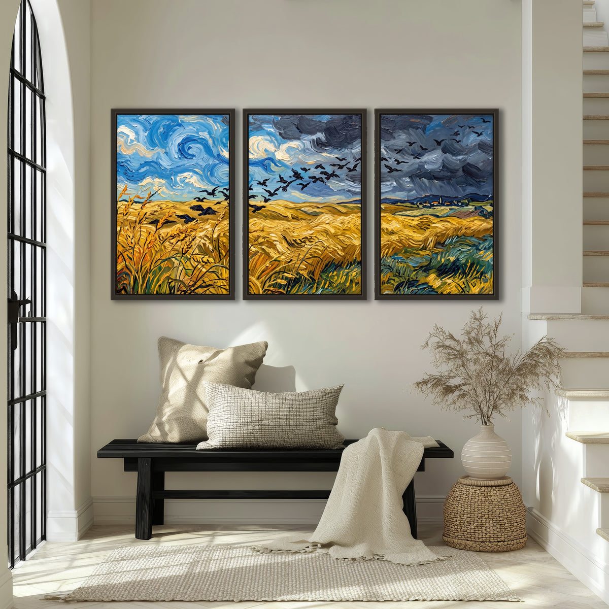Wheat field with crows painting 3 piece framed canvas in an entryway above a bench