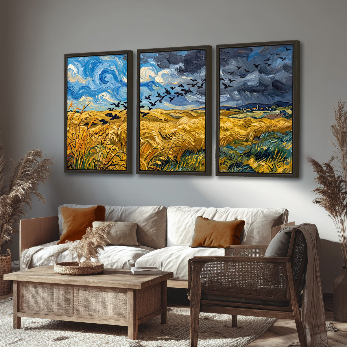 Wheat field with crows painting 3 piece framed canvas in a rustic living room
