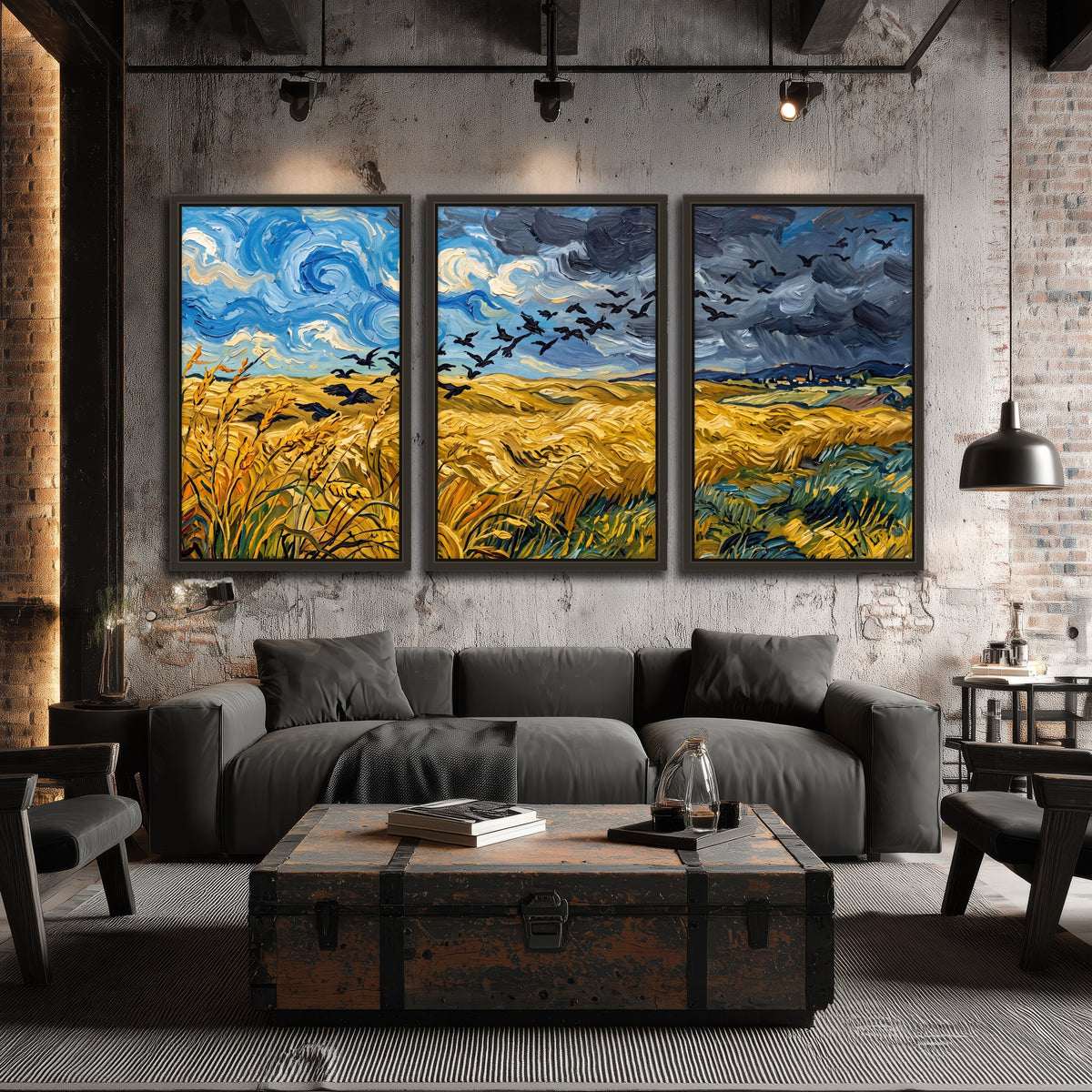 Wheat field with crows painting 3 piece framed canvas in an industrial loft