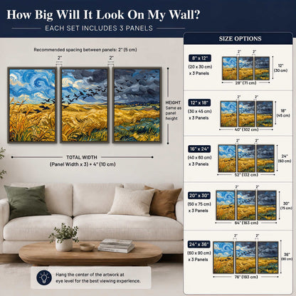 Wheat field with crows painting 3 piece framed canvas size guide above a sofa