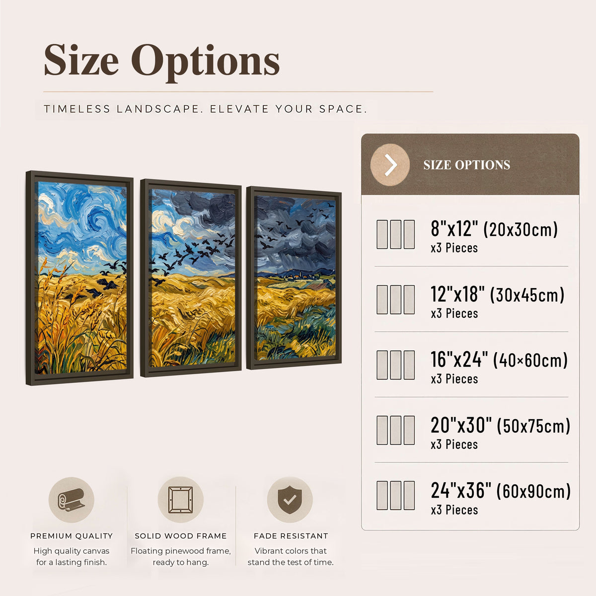 Wheat field with crows painting 3 piece framed canvas size options