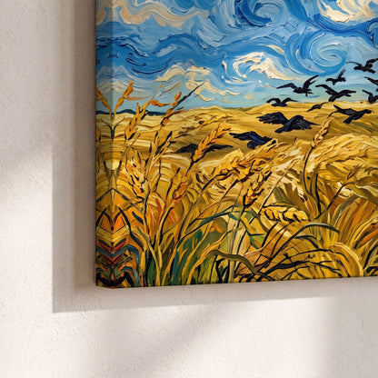 Wheat field with crows painting canvas print close-up showing the gallery-wrapped edge