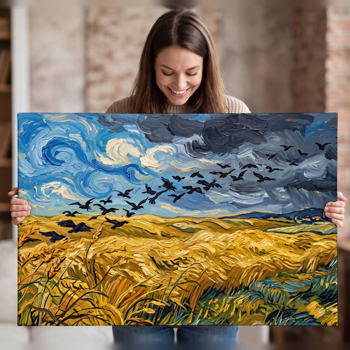 Wheat field with crows painting canvas wall art held in hands