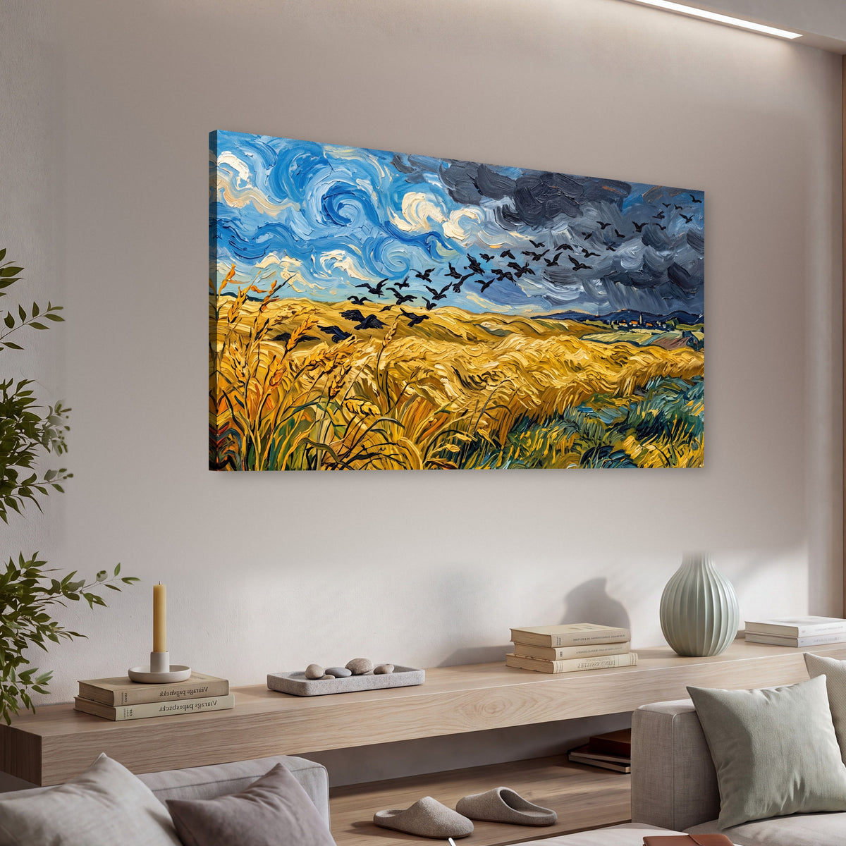 Wheat field with crows painting canvas wall art in a living room above a console