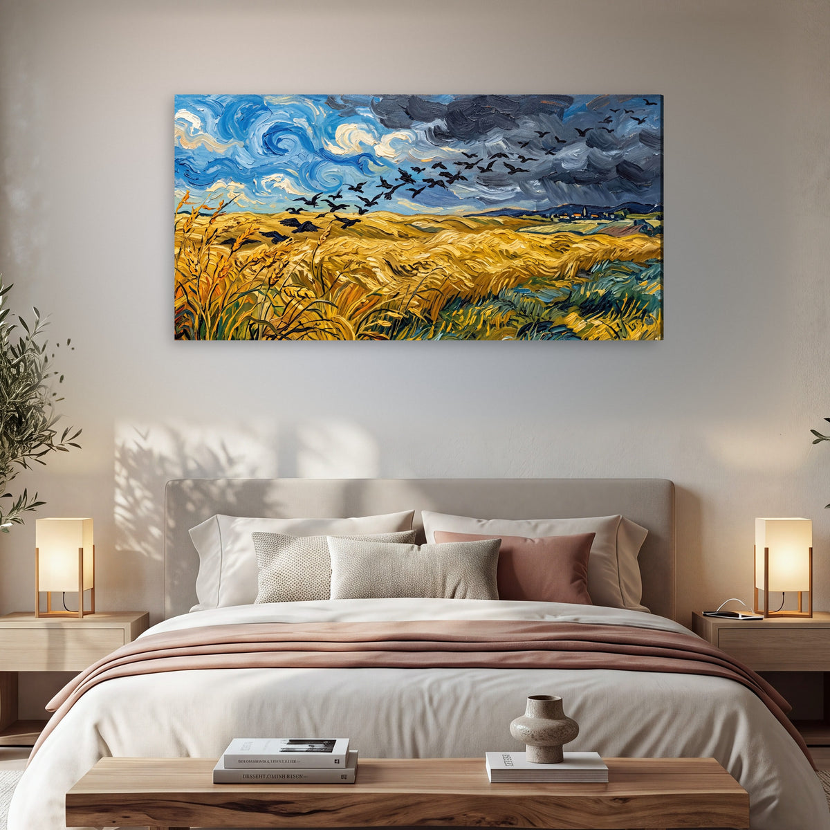 Wheat field with crows painting canvas wall art in a bedroom above the bed