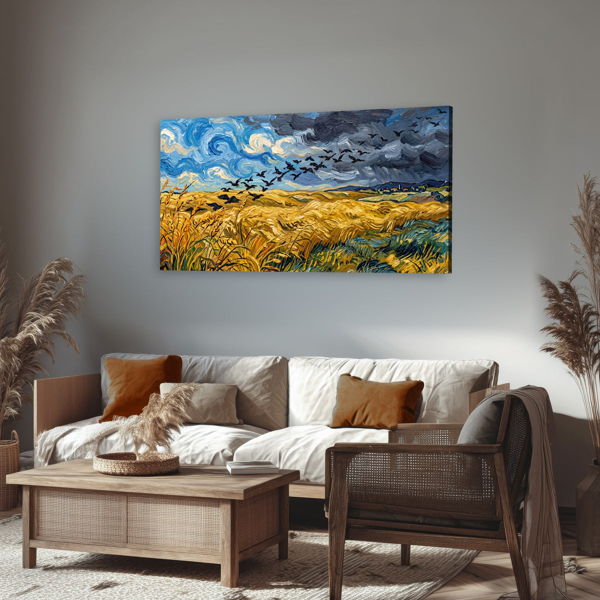 Wheat field with crows painting canvas wall art in a rustic living room
