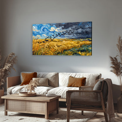 Wheat field with crows painting canvas wall art in a rustic living room