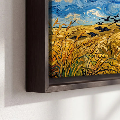 Wheat field with crows painting framed canvas close-up showing the floating frame