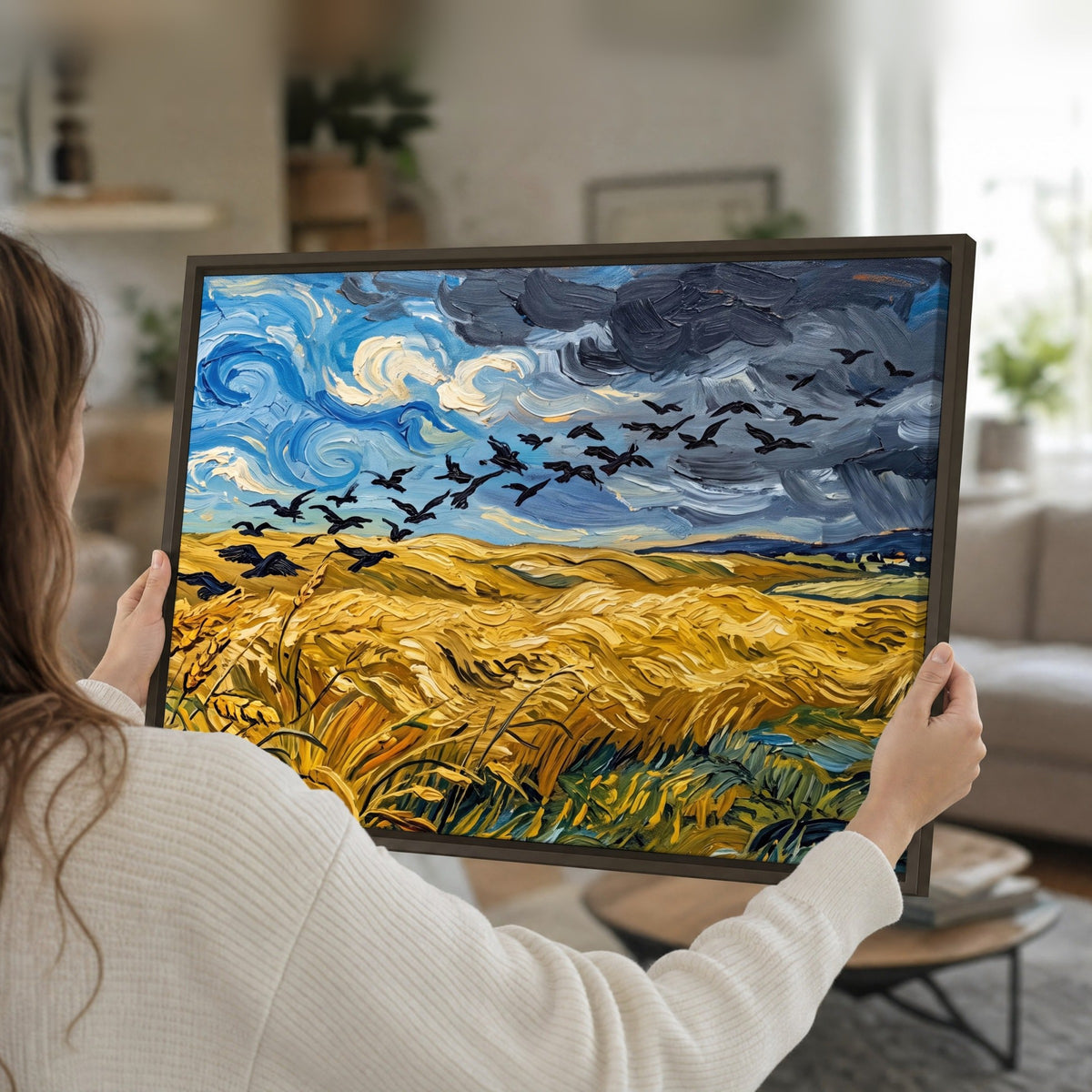 Wheat field with crows painting framed canvas held in hands