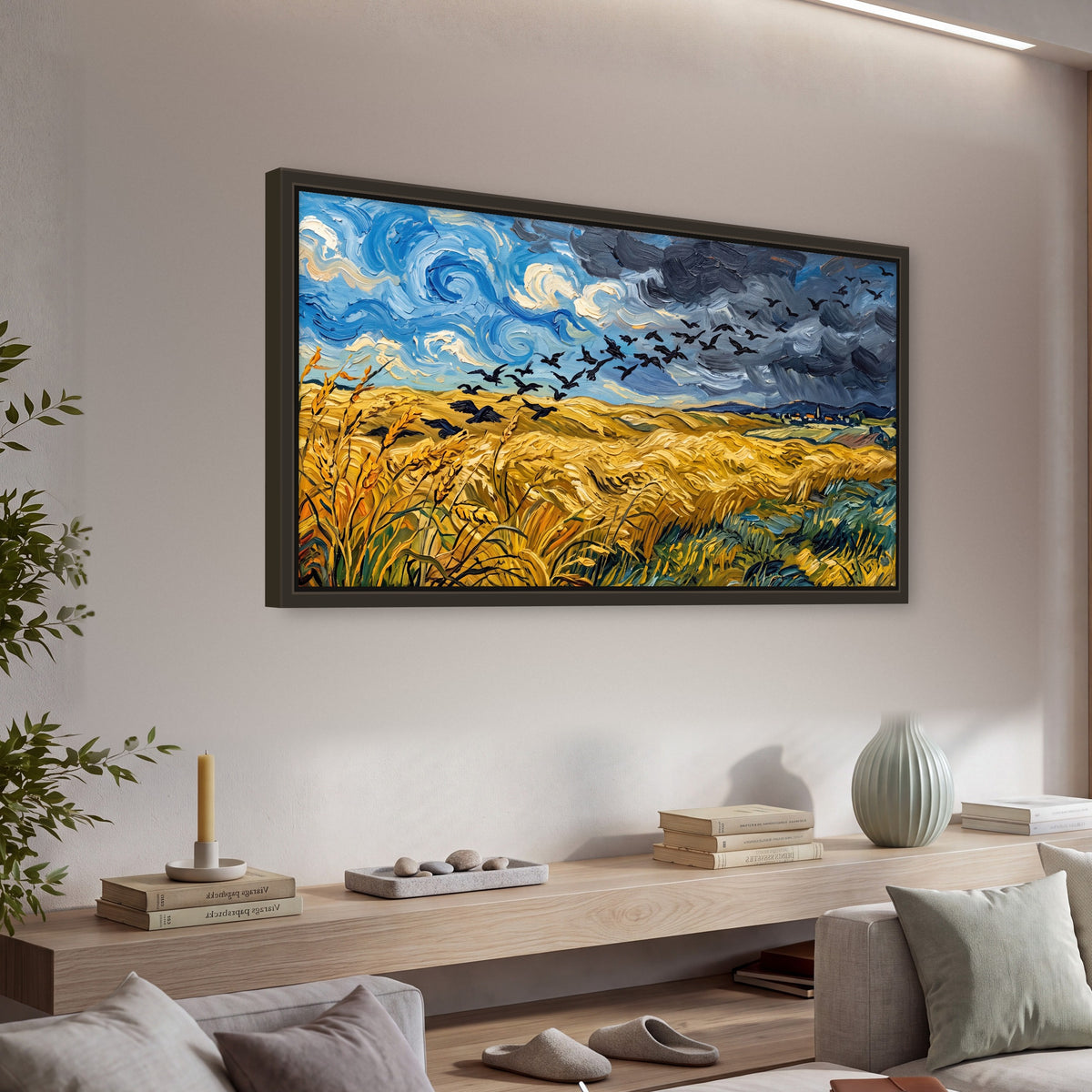 Wheat field with crows painting framed canvas wall art in a living room above a console